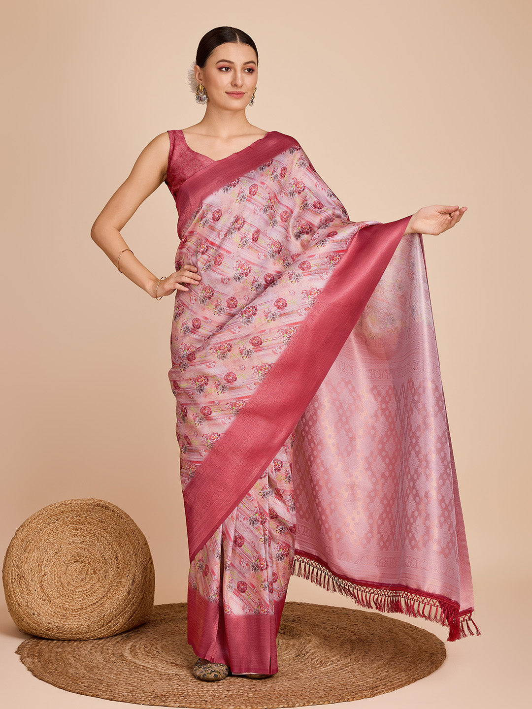 NOZ2TOZ Women Party Wear Semi Kanjivaram Silk Ready to Wear Saree with Unstitched Blouse(Size Up to 42) - Peach