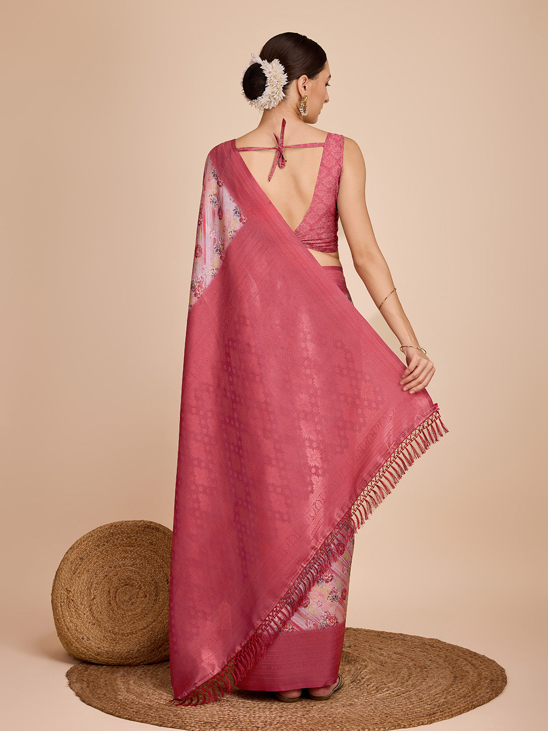 NOZ2TOZ Women Party Wear Semi Kanjivaram Silk Ready to Wear Saree with Unstitched Blouse(Size Up to 42) - Peach