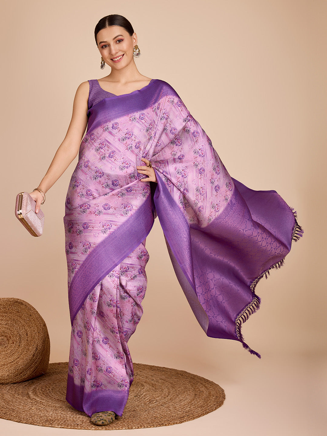 NOZ2TOZ Women Party Wear Semi Kanjivaram Silk Ready to Wear Saree with Unstitched Blouse(Size Up to 42) - Purple