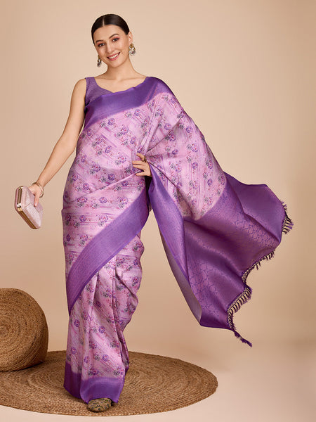 NOZ2TOZ Women Party Wear Semi Kanjivaram Silk Ready to Wear Saree with Unstitched Blouse(Size Up to 42) - Purple