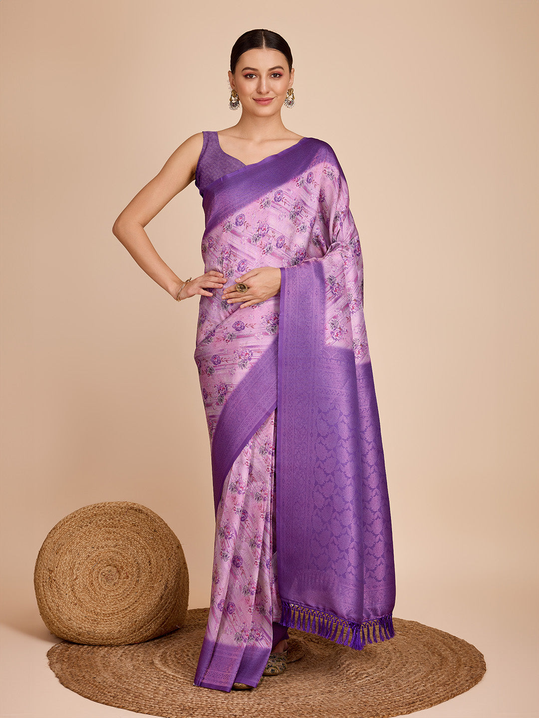 NOZ2TOZ Women Party Wear Semi Kanjivaram Silk Ready to Wear Saree with Unstitched Blouse(Size Up to 42) - Purple