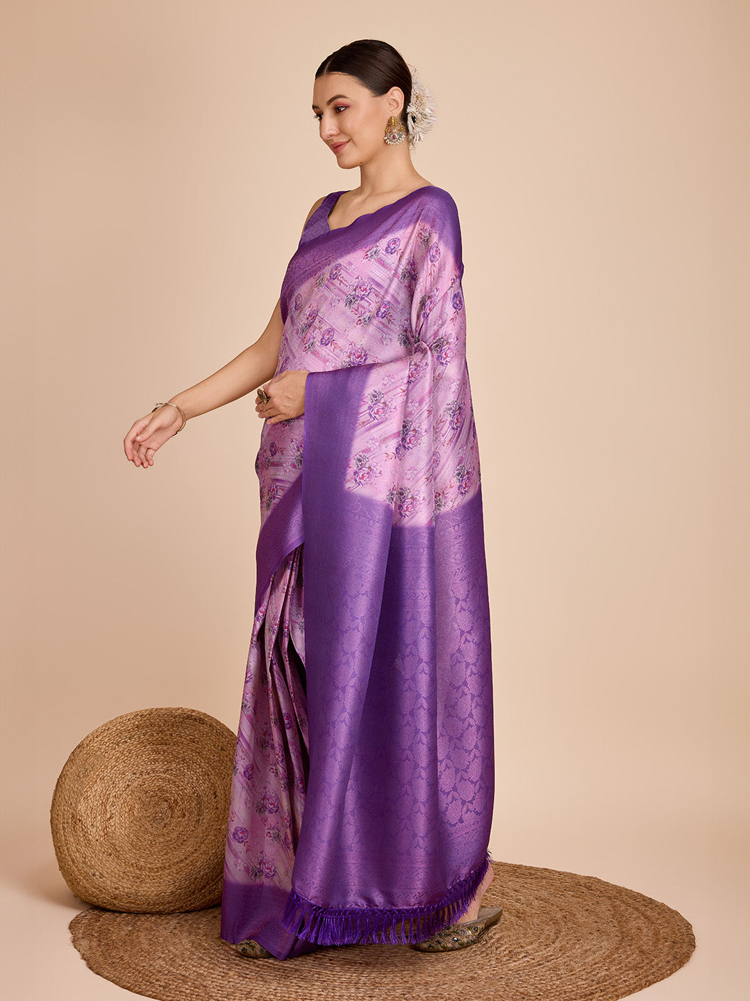 NOZ2TOZ Women Party Wear Semi Kanjivaram Silk Ready to Wear Saree with Unstitched Blouse(Size Up to 42) - Purple