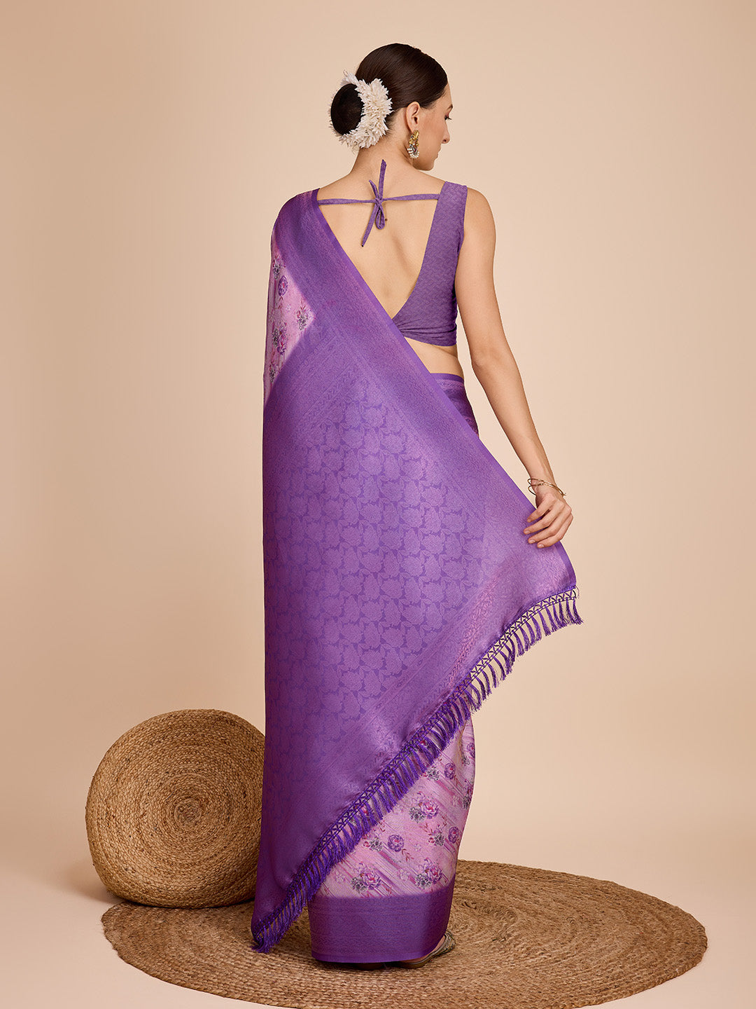 NOZ2TOZ Women Party Wear Semi Kanjivaram Silk Ready to Wear Saree with Unstitched Blouse(Size Up to 42) - Purple