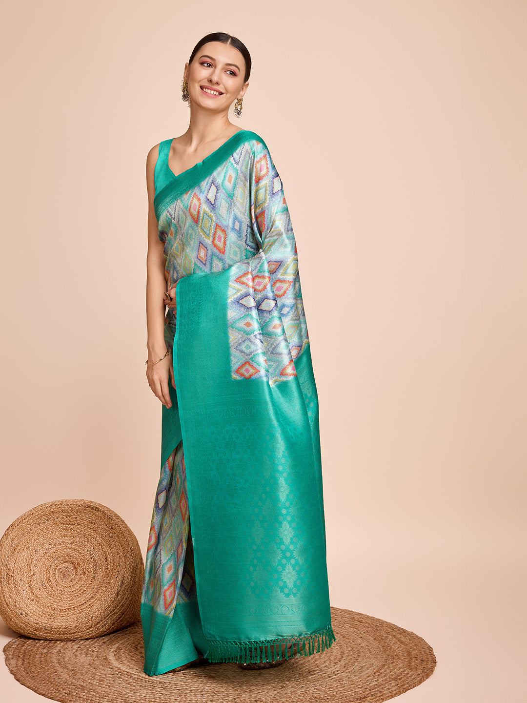NOZ2TOZ Women Party Wear Semi Kanjivaram Silk Ready to Wear Saree with Unstitched Blouse(Size Up to 42) - Rama