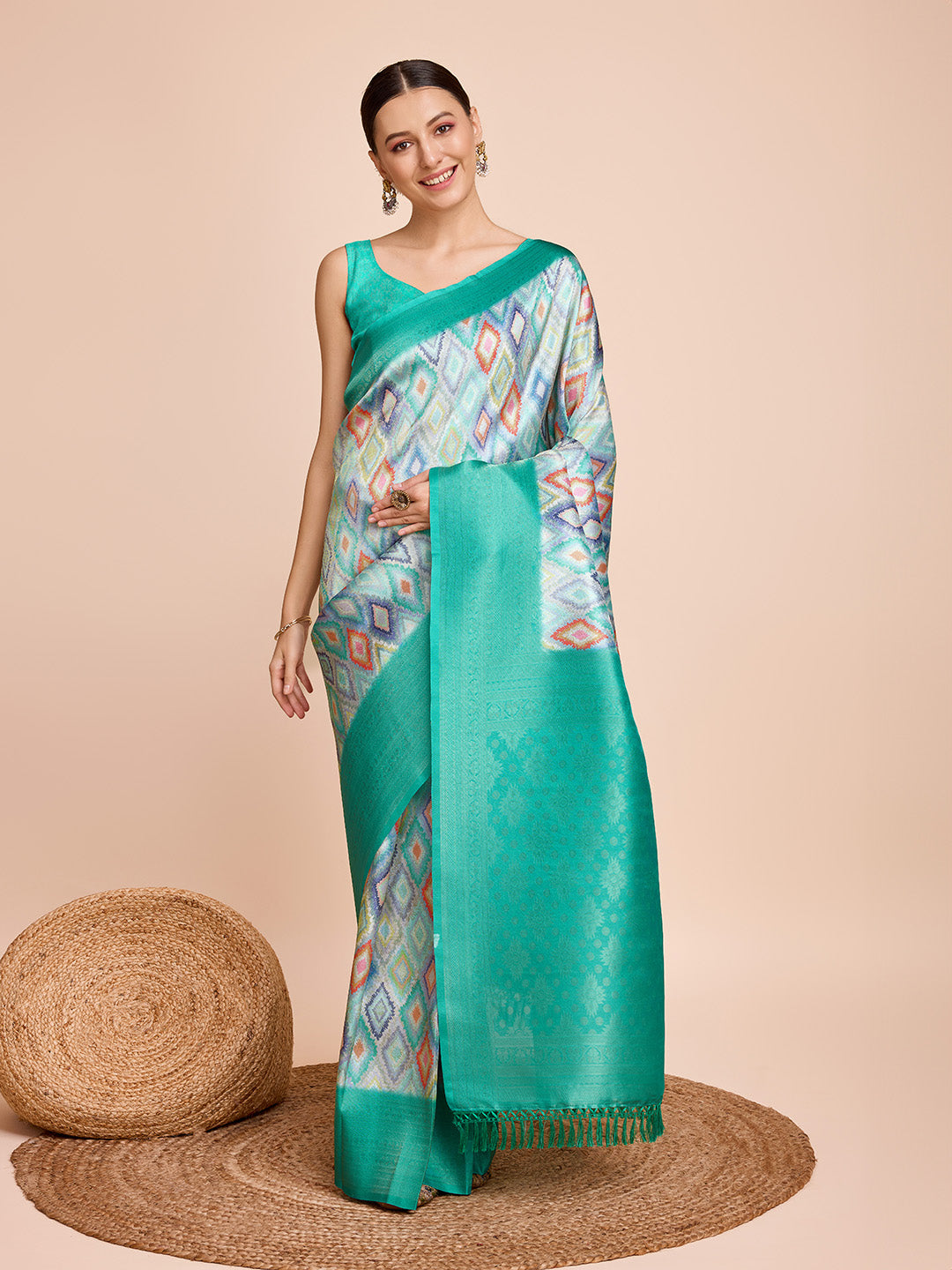 NOZ2TOZ Women Party Wear Semi Kanjivaram Silk Ready to Wear Saree with Unstitched Blouse(Size Up to 42) - Rama