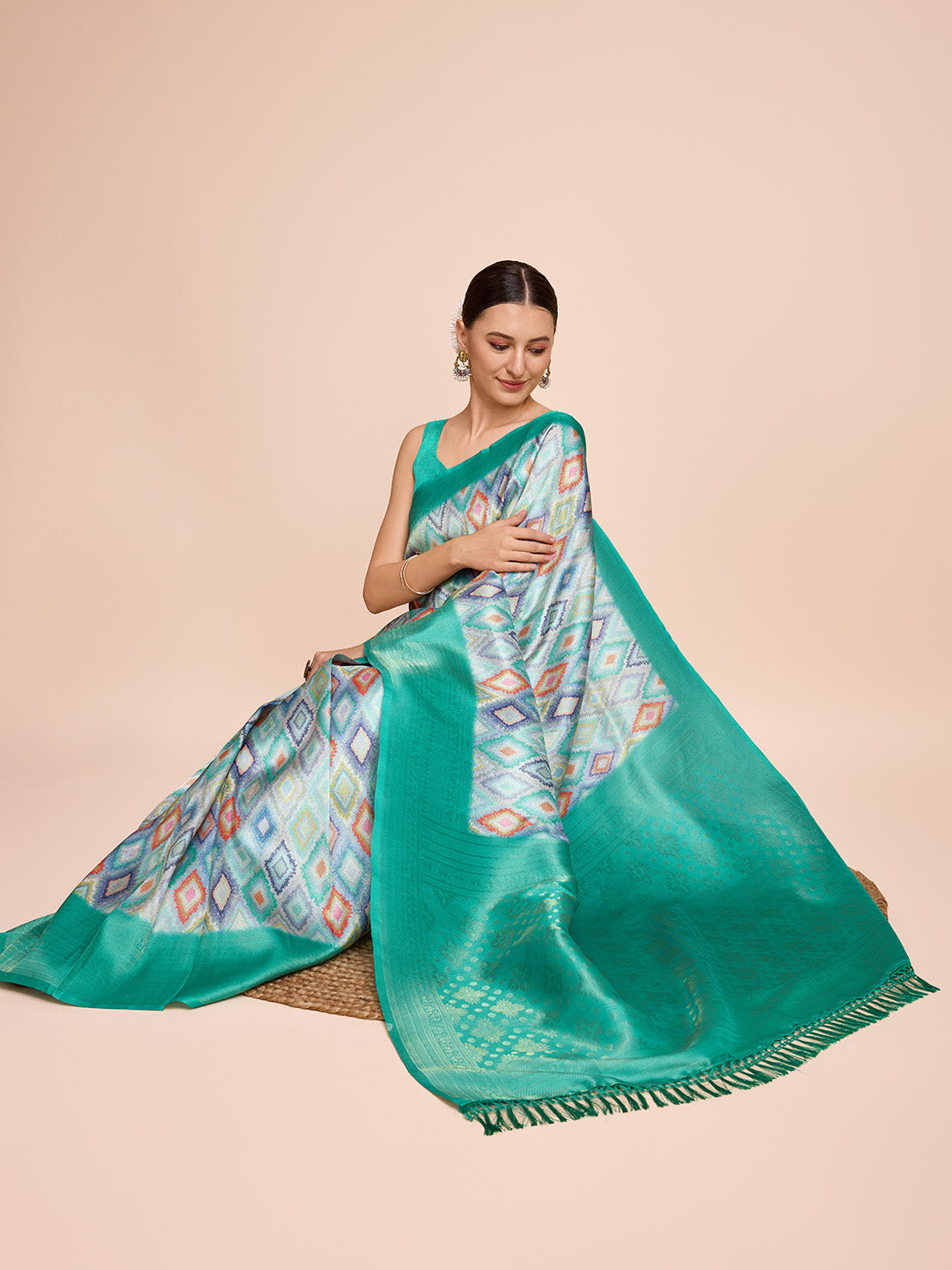 NOZ2TOZ Women Party Wear Semi Kanjivaram Silk Ready to Wear Saree with Unstitched Blouse(Size Up to 42) - Rama