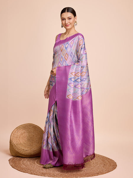 NOZ2TOZ Women Party Wear Semi Kanjivaram Silk Ready to Wear Saree with Unstitched Blouse(Size Up to 42) - Purple