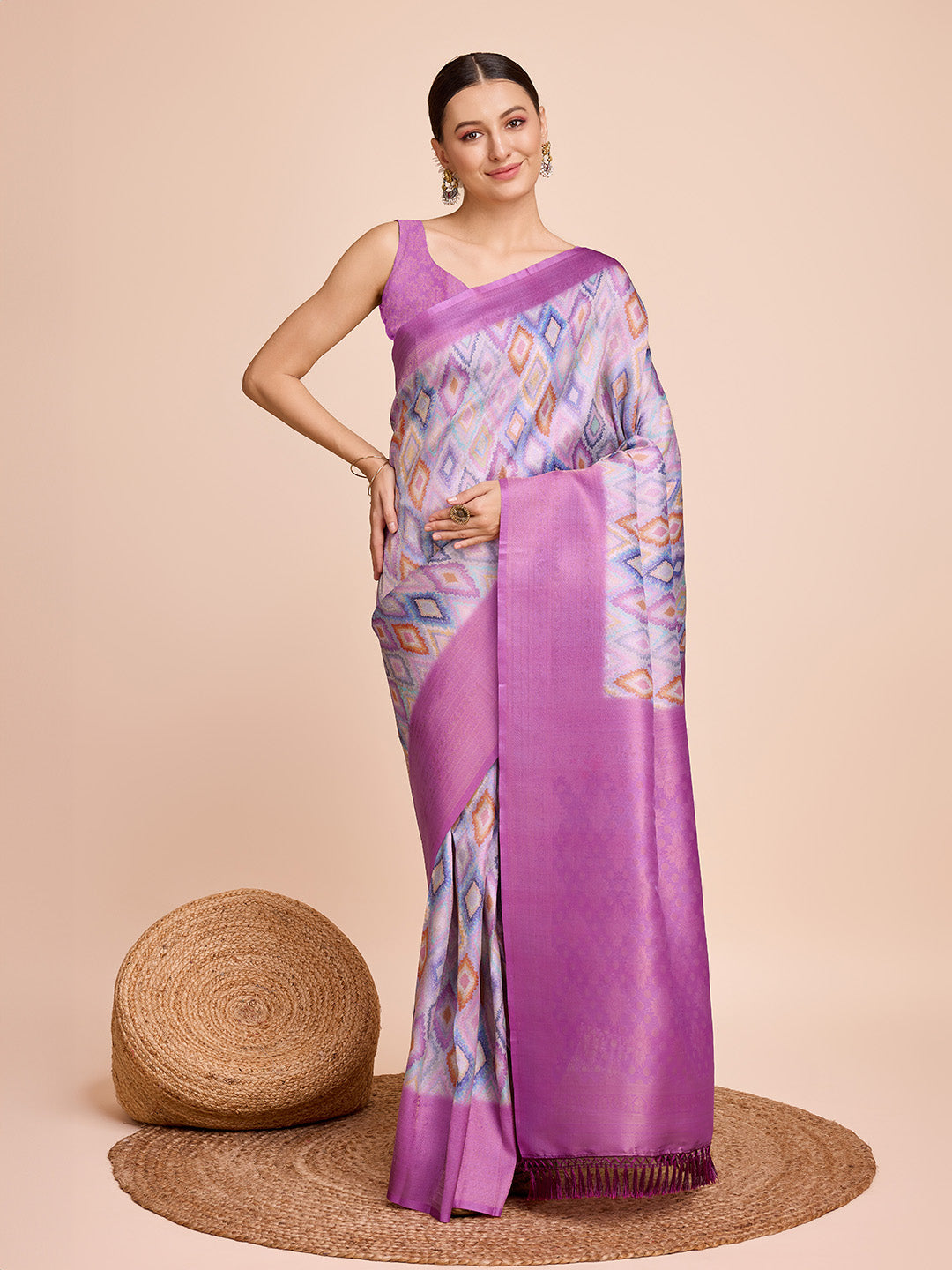 NOZ2TOZ Women Party Wear Semi Kanjivaram Silk Ready to Wear Saree with Unstitched Blouse(Size Up to 42) - Purple