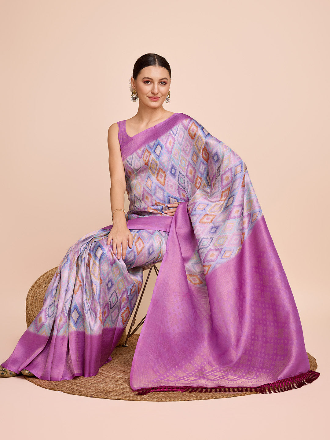 NOZ2TOZ Women Party Wear Semi Kanjivaram Silk Ready to Wear Saree with Unstitched Blouse(Size Up to 42) - Purple