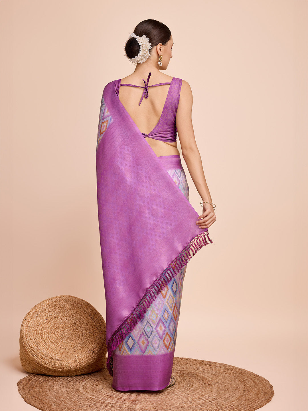 NOZ2TOZ Women Party Wear Semi Kanjivaram Silk Ready to Wear Saree with Unstitched Blouse(Size Up to 42) - Purple