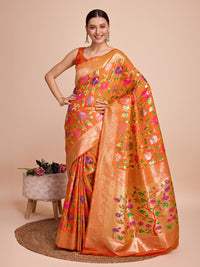Thumbnail for NOZ2TOZ Women Party Wear Zari Weaving Paithani Silk Saree with Unstitched Blouse - Orange