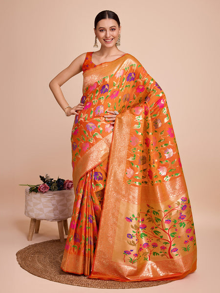 NOZ2TOZ Women Party Wear Zari Weaving Paithani Silk Saree with Unstitched Blouse - Orange