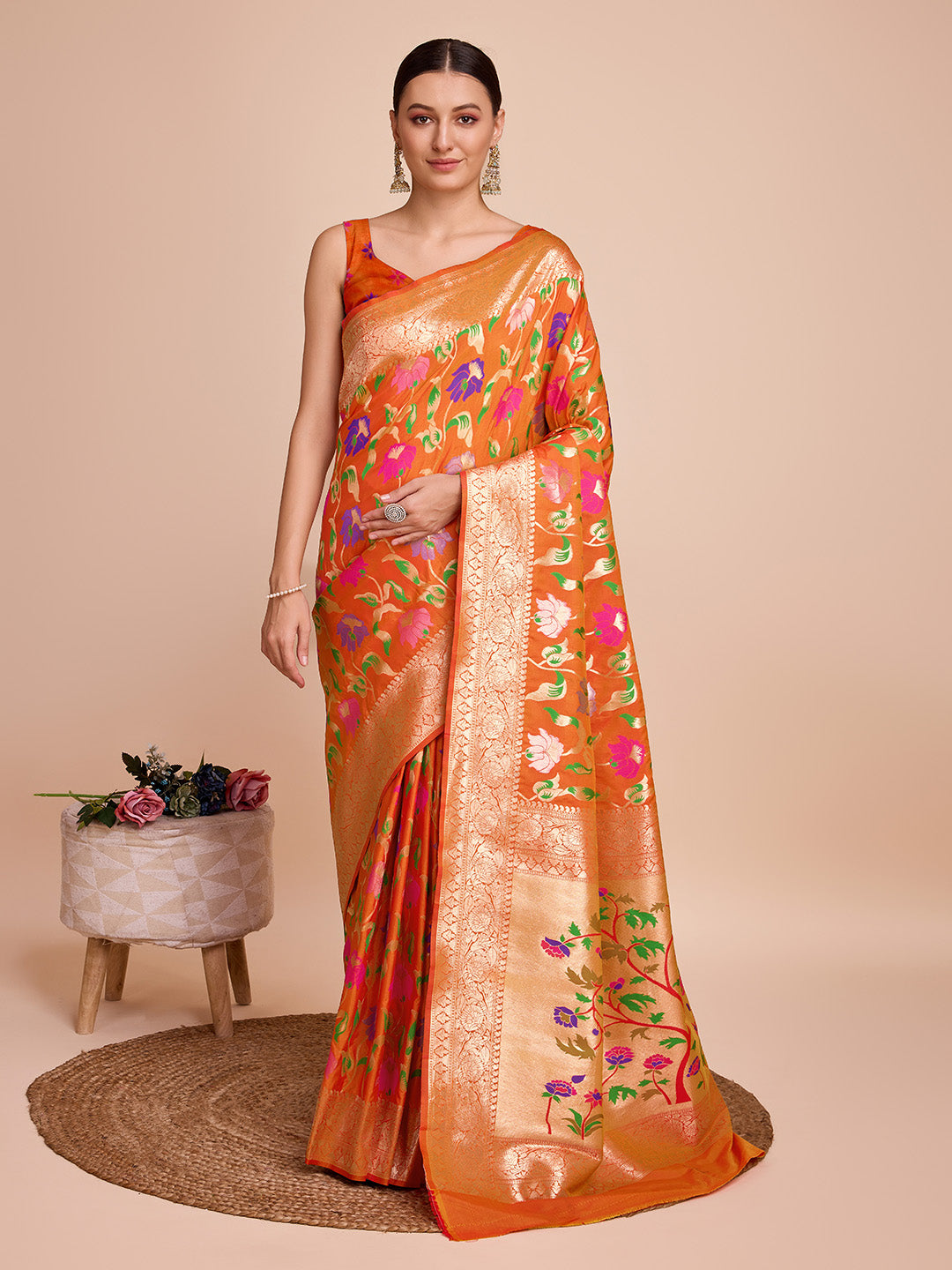 NOZ2TOZ Women Party Wear Zari Weaving Paithani Silk Saree with Unstitched Blouse - Orange