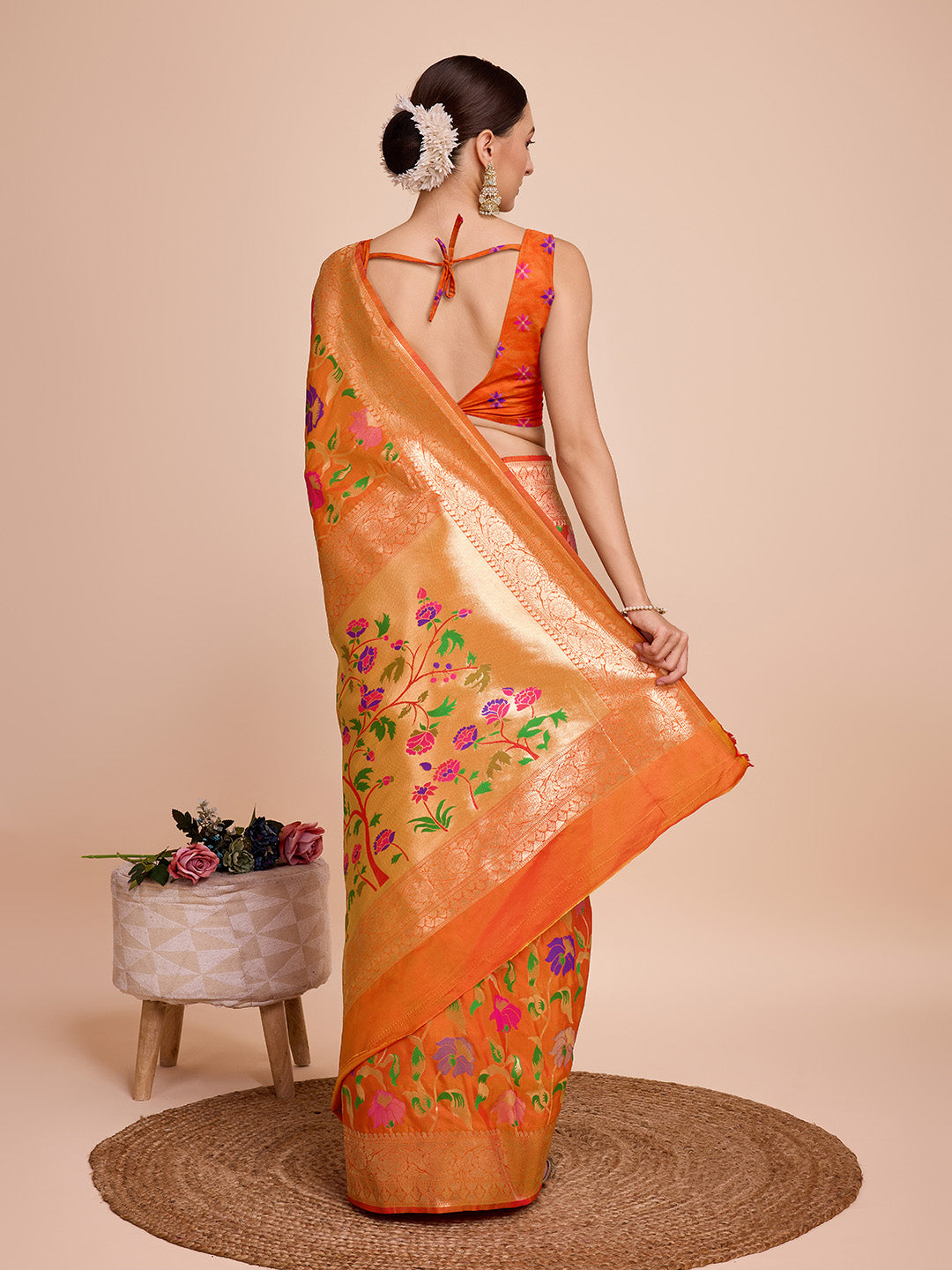 NOZ2TOZ Women Party Wear Zari Weaving Paithani Silk Saree with Unstitched Blouse - Orange
