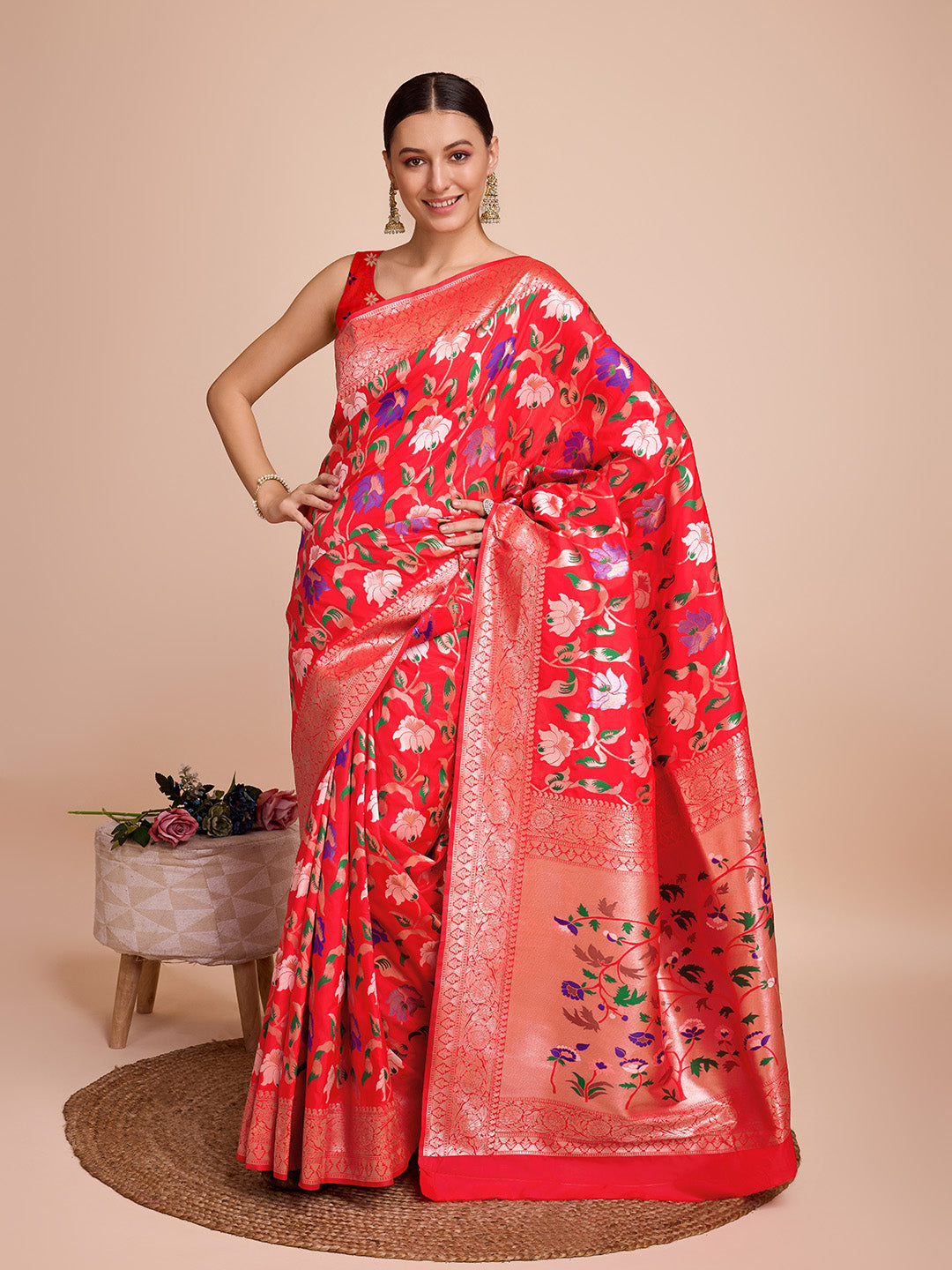 NOZ2TOZ Women Party Wear Zari Weaving Paithani Silk Saree with Unstitched Blouse - Red