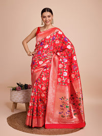 Thumbnail for NOZ2TOZ Women Party Wear Zari Weaving Paithani Silk Saree with Unstitched Blouse - Red