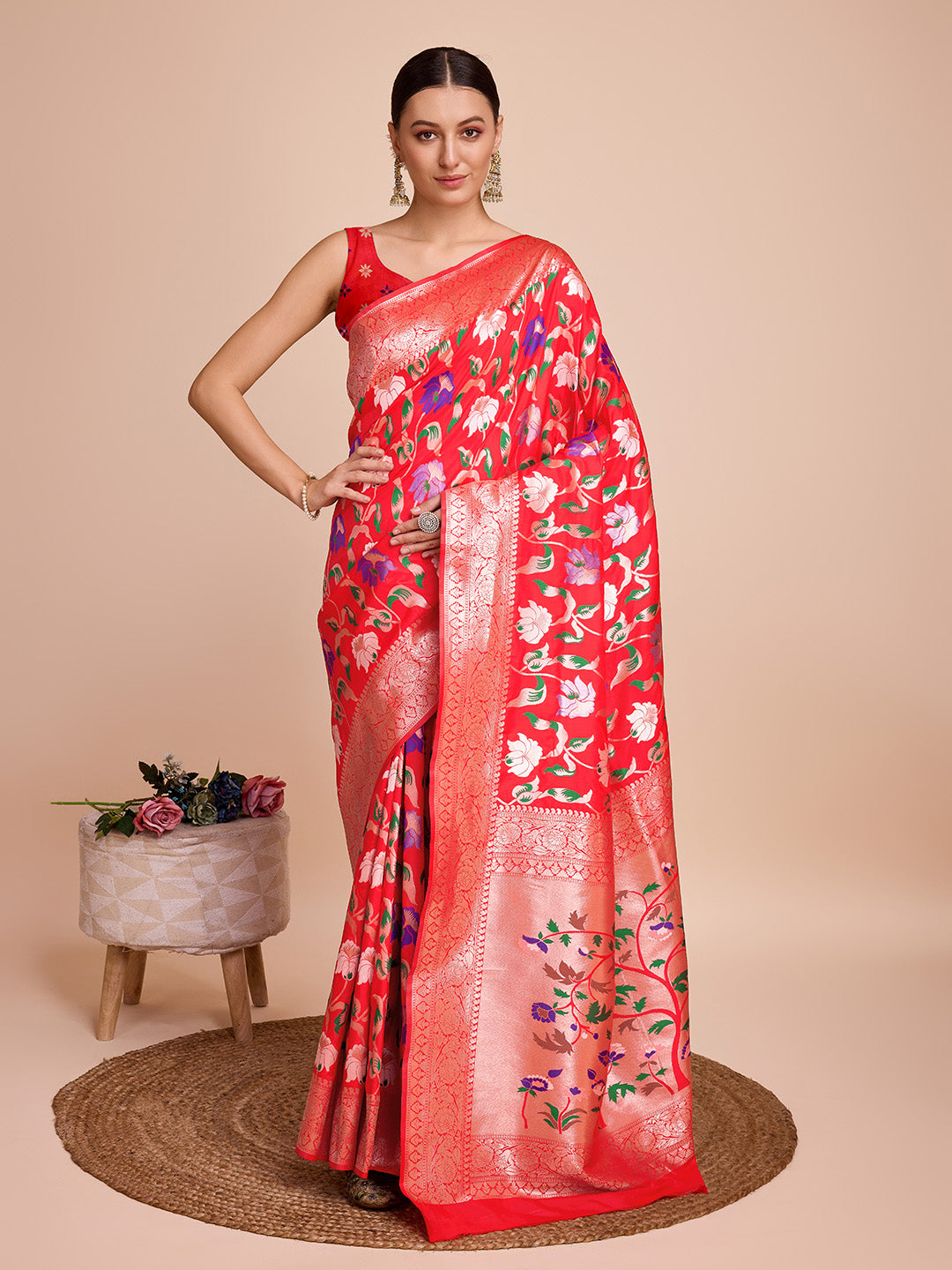 NOZ2TOZ Women Party Wear Zari Weaving Paithani Silk Saree with Unstitched Blouse - Red