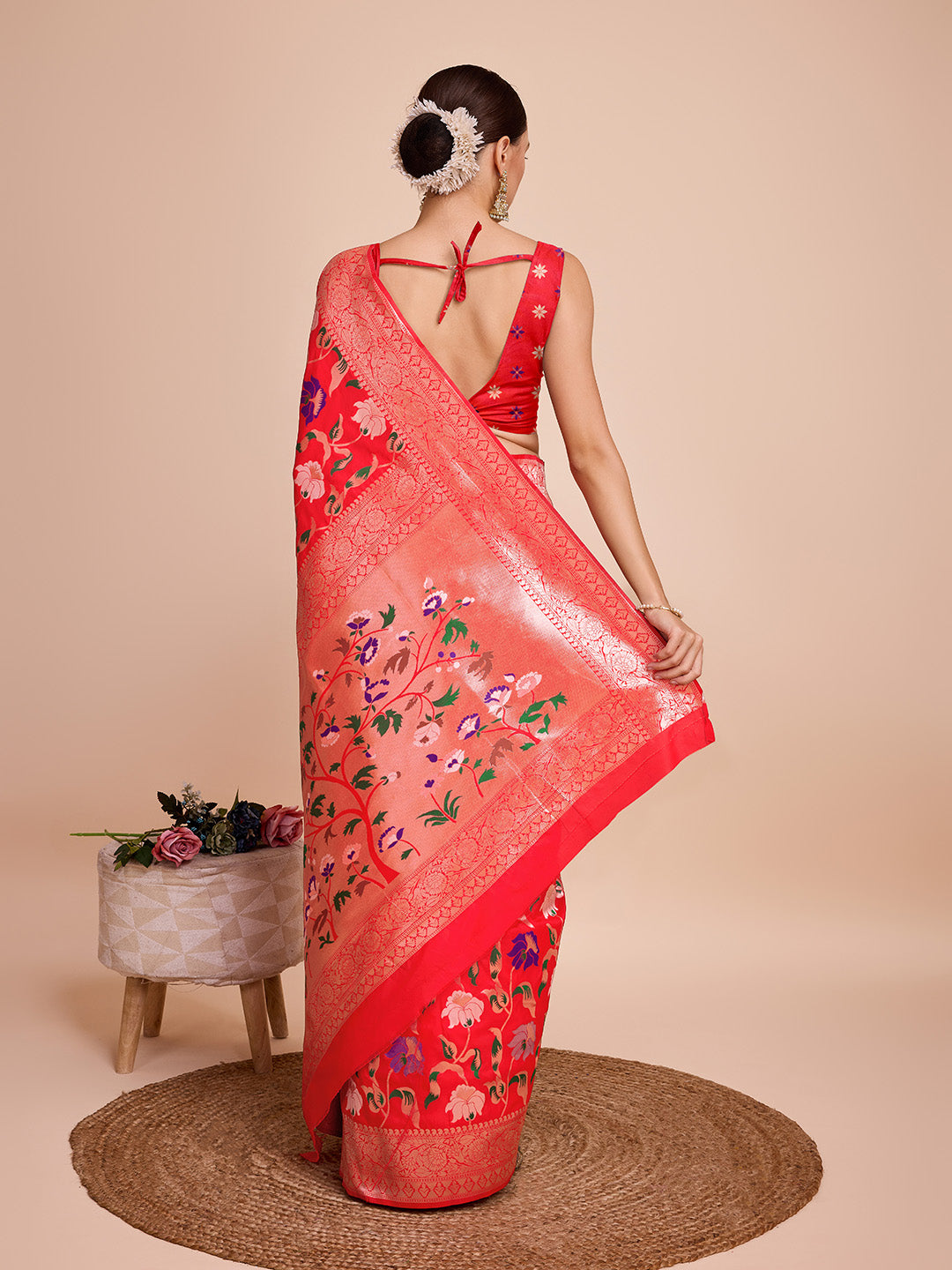 NOZ2TOZ Women Party Wear Zari Weaving Paithani Silk Saree with Unstitched Blouse - Red