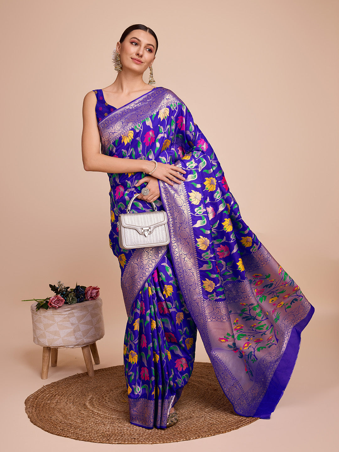 NOZ2TOZ Women Party Wear Zari Weaving Paithani Silk Saree with Unstitched Blouse - Blue