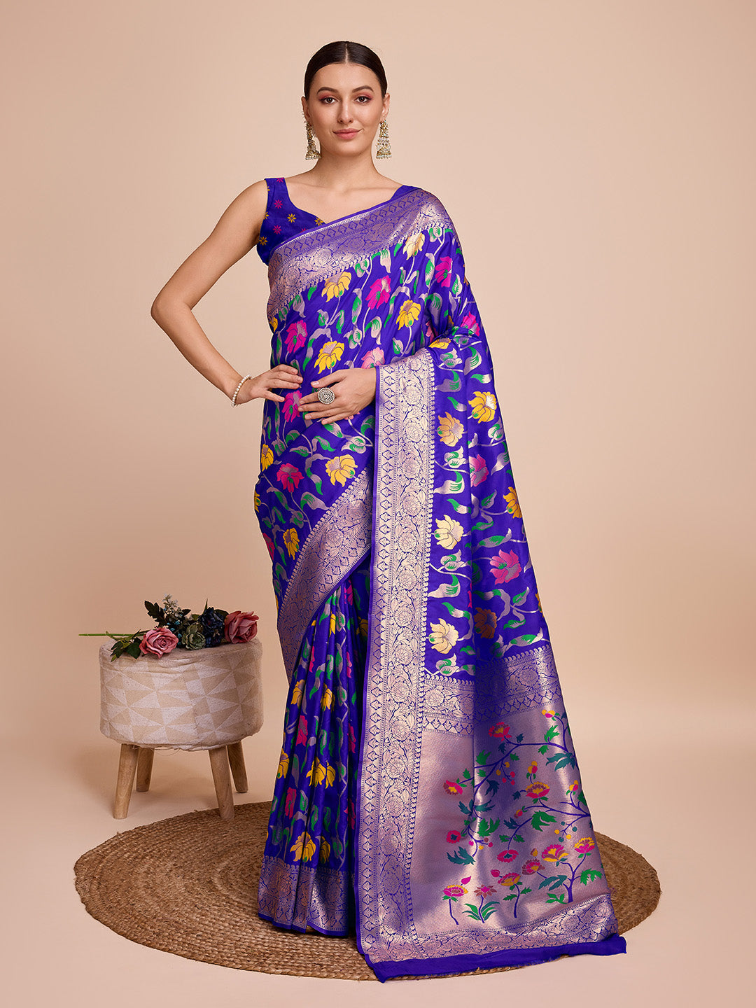 NOZ2TOZ Women Party Wear Zari Weaving Paithani Silk Saree with Unstitched Blouse - Blue