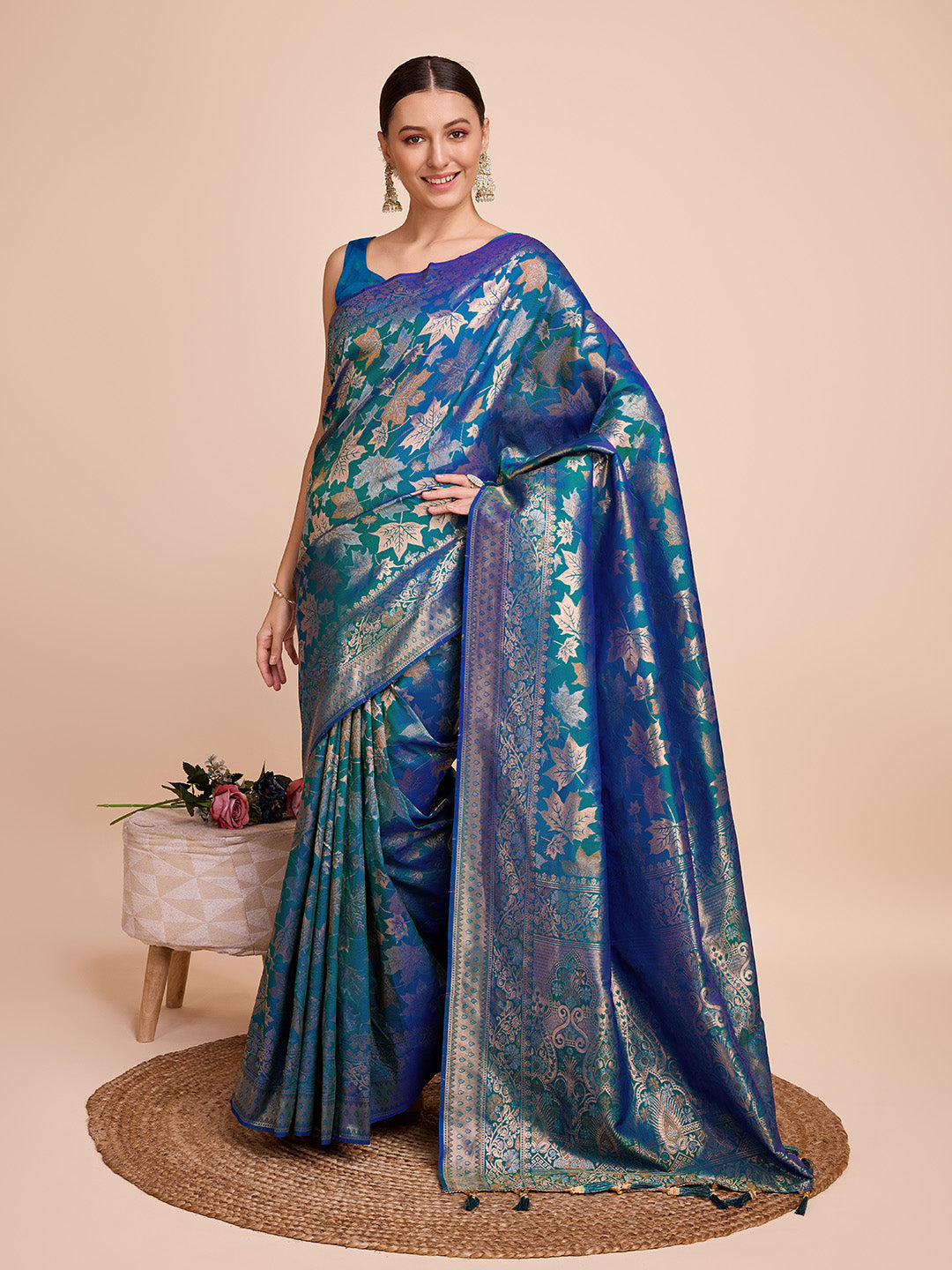 NOZ2TOZ Women Party Wear Double Zari Weaving Pure Silk Saree with Unstitched Blouse - Petrol Green