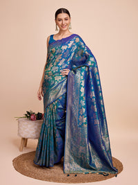 Thumbnail for NOZ2TOZ Women Party Wear Double Zari Weaving Pure Silk Saree with Unstitched Blouse - Petrol Green
