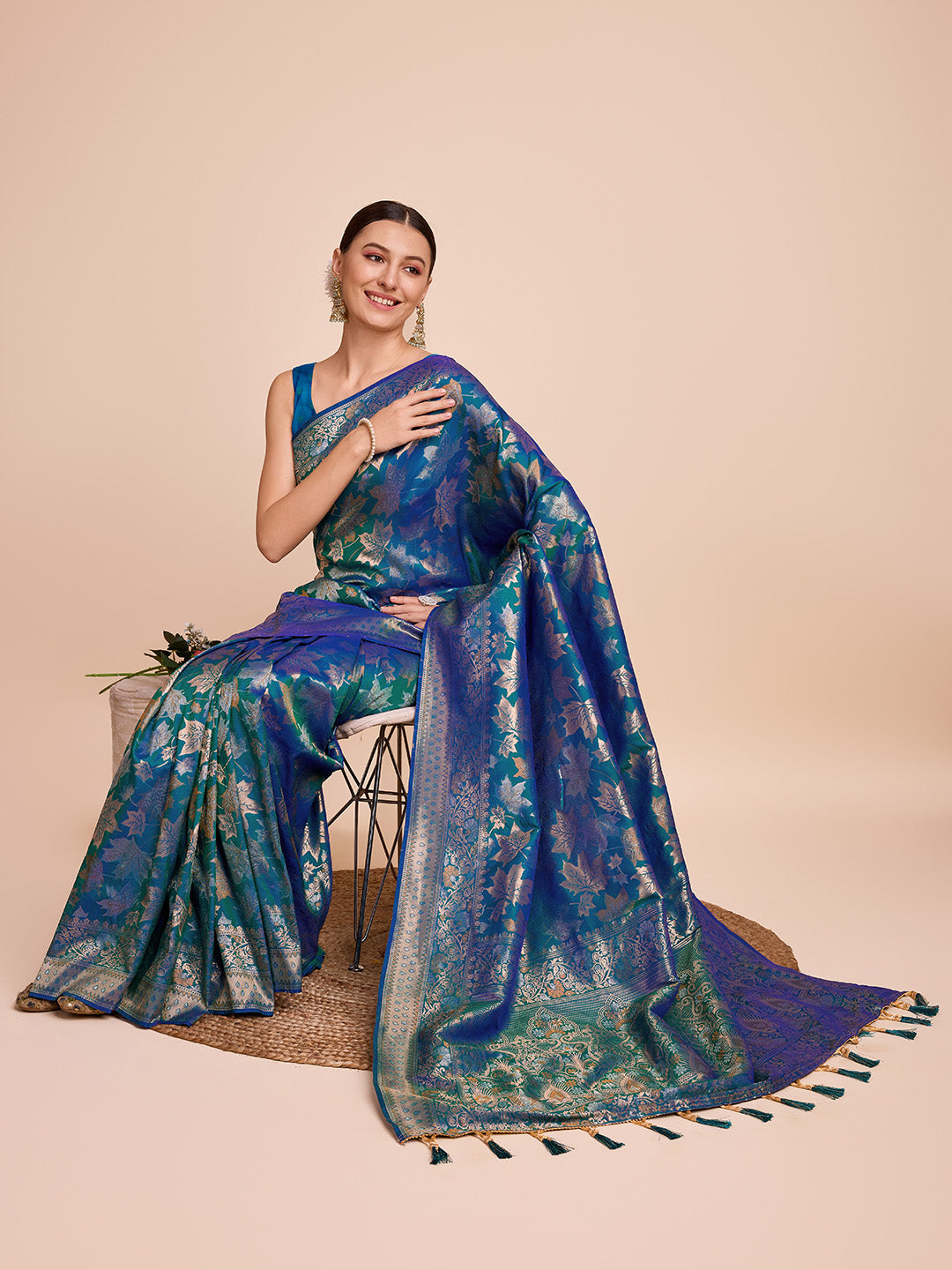 NOZ2TOZ Women Party Wear Double Zari Weaving Pure Silk Saree with Unstitched Blouse - Petrol Green