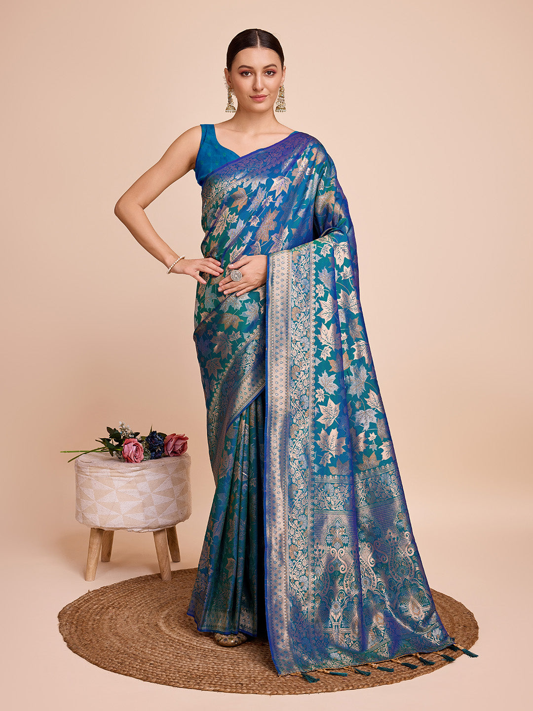 NOZ2TOZ Women Party Wear Double Zari Weaving Pure Silk Saree with Unstitched Blouse - Petrol Green