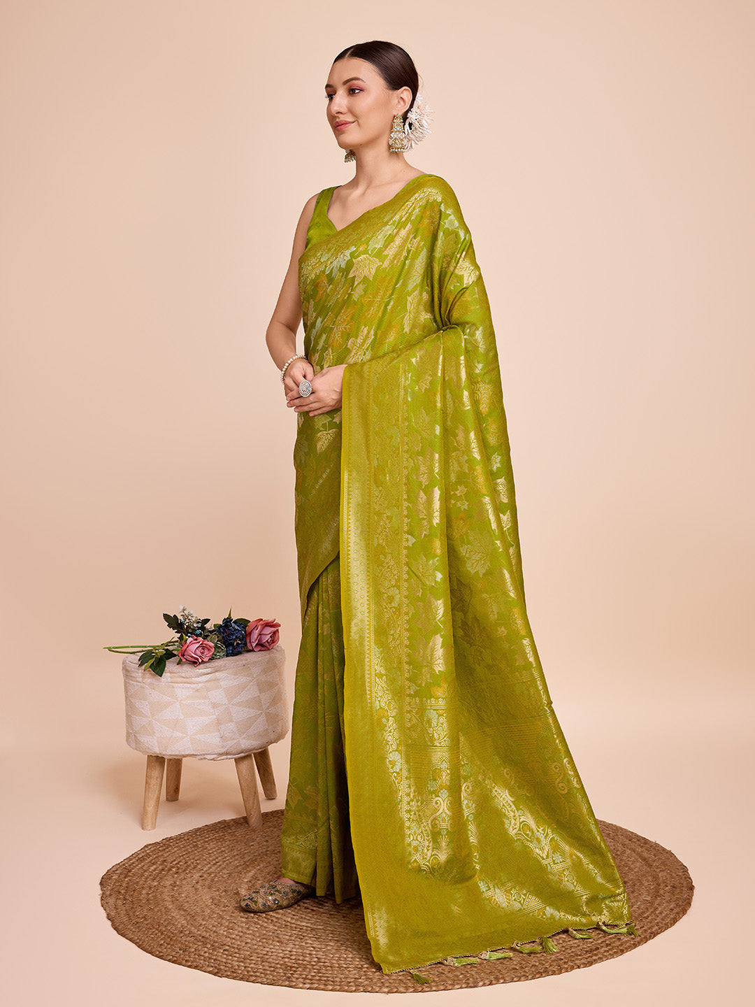 NOZ2TOZ Women Party Wear Double Zari Weaving Pure Silk Saree with Unstitched Blouse - Parrot Green