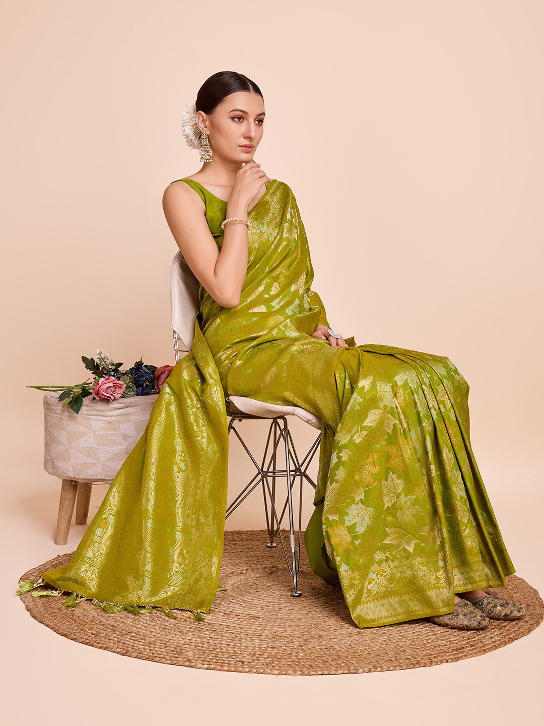 NOZ2TOZ Women Party Wear Double Zari Weaving Pure Silk Saree with Unstitched Blouse - Parrot Green