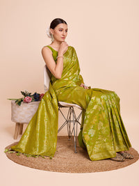 Thumbnail for NOZ2TOZ Women Party Wear Double Zari Weaving Pure Silk Saree with Unstitched Blouse - Parrot Green