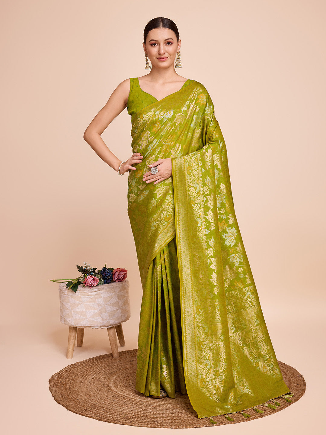 NOZ2TOZ Women Party Wear Double Zari Weaving Pure Silk Saree with Unstitched Blouse - Parrot Green