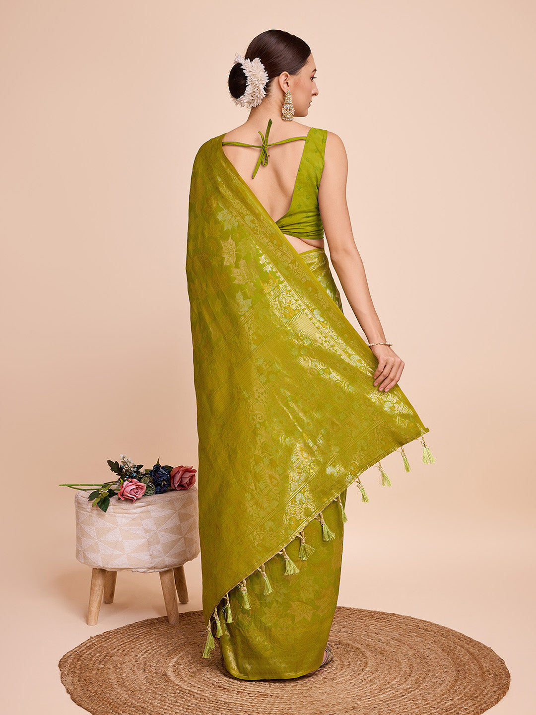 NOZ2TOZ Women Party Wear Double Zari Weaving Pure Silk Saree with Unstitched Blouse - Parrot Green
