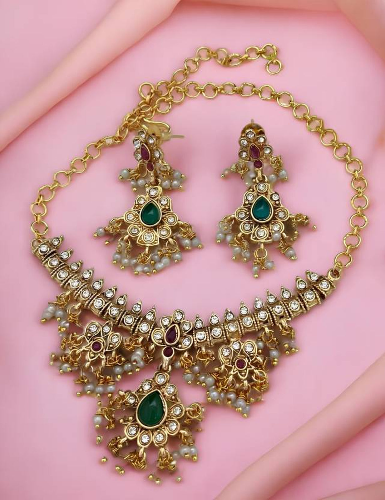 Jewel City Elegant Kundan Choker Set - Gold-Plated Pearl Drop Necklace with Green & Ruby Stones and Matching Earrings