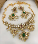 Thumbnail for Jewel City Elegant Kundan Choker Set - Gold-Plated Pearl Drop Necklace with Green & Ruby Stones and Matching Earrings