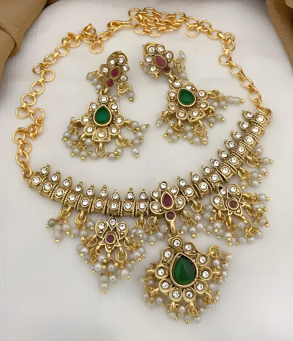 Jewel City Elegant Kundan Choker Set - Gold-Plated Pearl Drop Necklace with Green & Ruby Stones and Matching Earrings