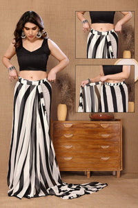 Thumbnail for Malishka Georgette Silk Printed Ready To Wear Saree With Blouse Piece - White-Black