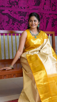 Thumbnail for Malishka Banarasi Silk Woven Saree With Blouse Piece - White-Yellow
