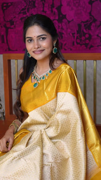 Thumbnail for Malishka Banarasi Silk Woven Saree With Blouse Piece - White-Yellow