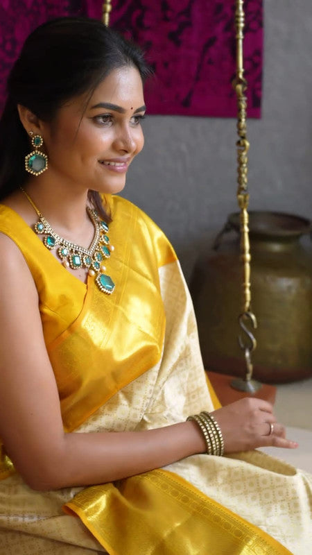 Malishka Banarasi Silk Woven Saree With Blouse Piece - White-Yellow