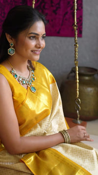 Thumbnail for Malishka Banarasi Silk Woven Saree With Blouse Piece - White-Yellow