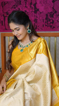 Thumbnail for Malishka Banarasi Silk Woven Saree With Blouse Piece - White-Yellow