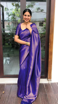 Thumbnail for Malishka Banarasi Silk Woven Saree With Blouse Piece - Royal Blue