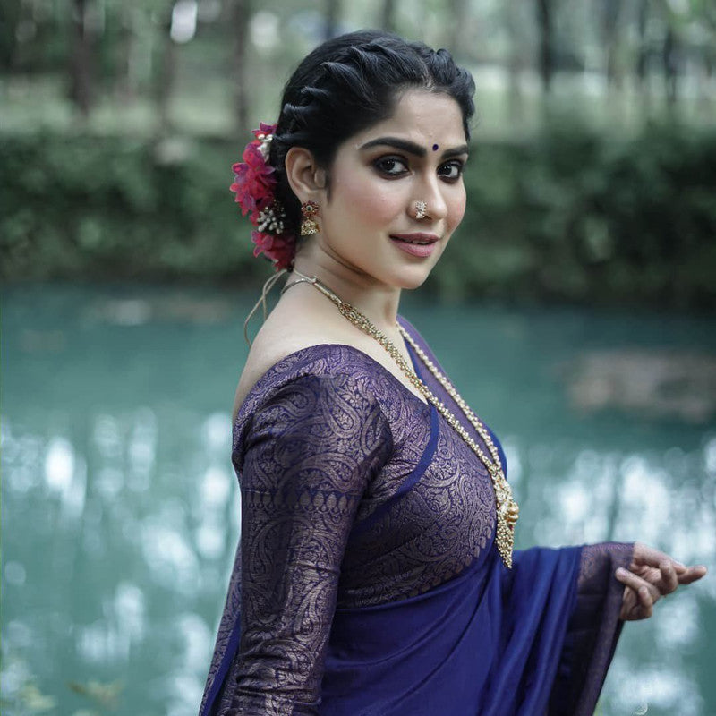 NOZ2TOZ Women Banarasi Silk Woven Saree With Blouse Piece - Navy Blue - Distacart