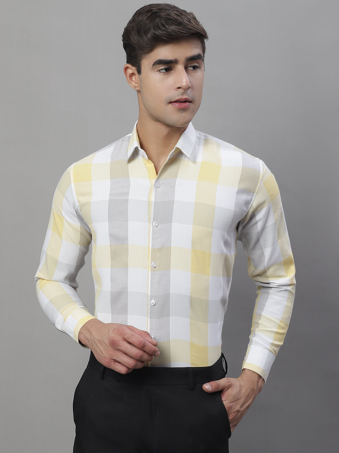 Jainish Men's Pure Cotton Checked Formal Shirts - Yellow - Distacart