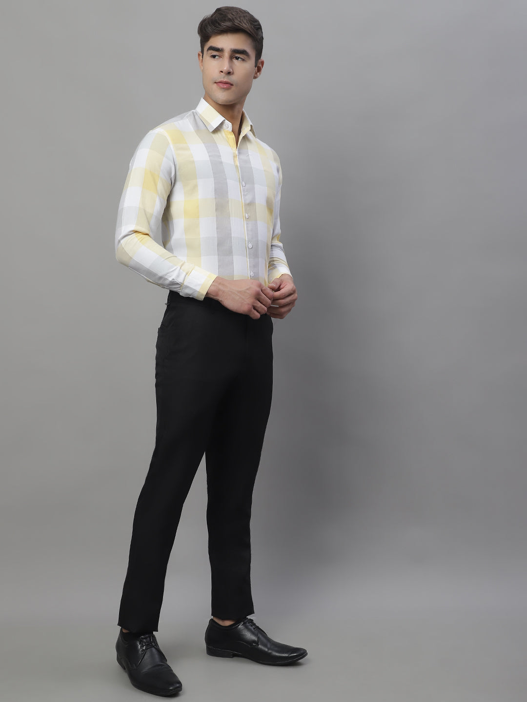 Jainish Men's Pure Cotton Checked Formal Shirts - Yellow - Distacart