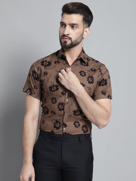 Jainish Men's Floral Printed Formal Shirt - Brown - Distacart