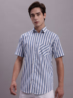 Thumbnail for Jainish Men's Blue Vertical Striped Half Sleeve Casual Shirt - Distacart