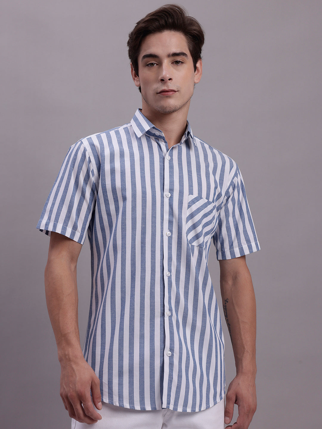 Jainish Men's Blue Vertical Striped Half Sleeve Casual Shirt - Distacart