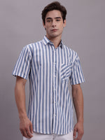 Thumbnail for Jainish Men's Blue Vertical Striped Half Sleeve Casual Shirt - Distacart